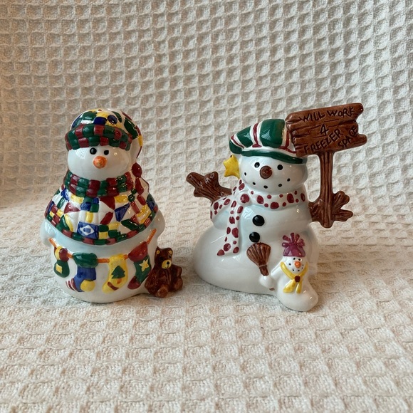 JC Penney Vintage Leslie Beck Snowmen Salt & Pepper Shakers New Old Stock NIB - Picture 2 of 11